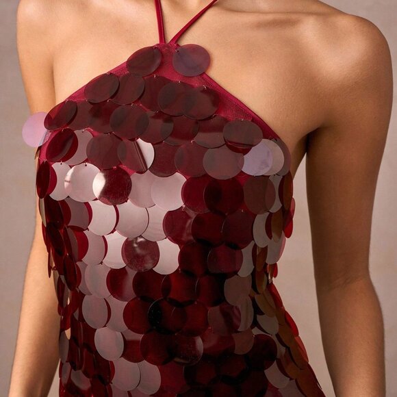 Burgundy Preppy Women's Sheer Sequin Halter Mini Dress - Picture 1 of 5